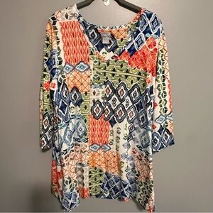 Chicos Patchwork Print V Neck Top Women Size 2 (L) Long Sleeve Boho Artsy